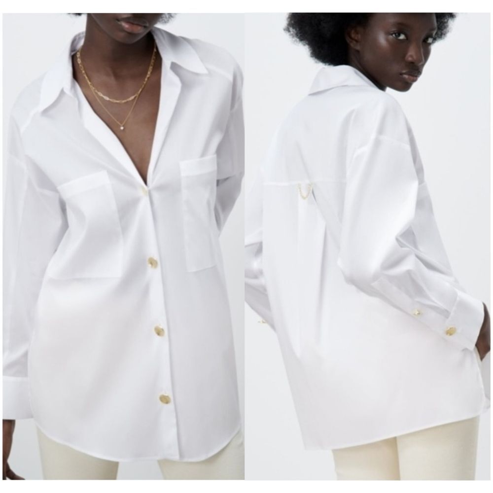 Zara Women's M Long Oversized White Button-Up Gold Button Long Sleeve Blouse